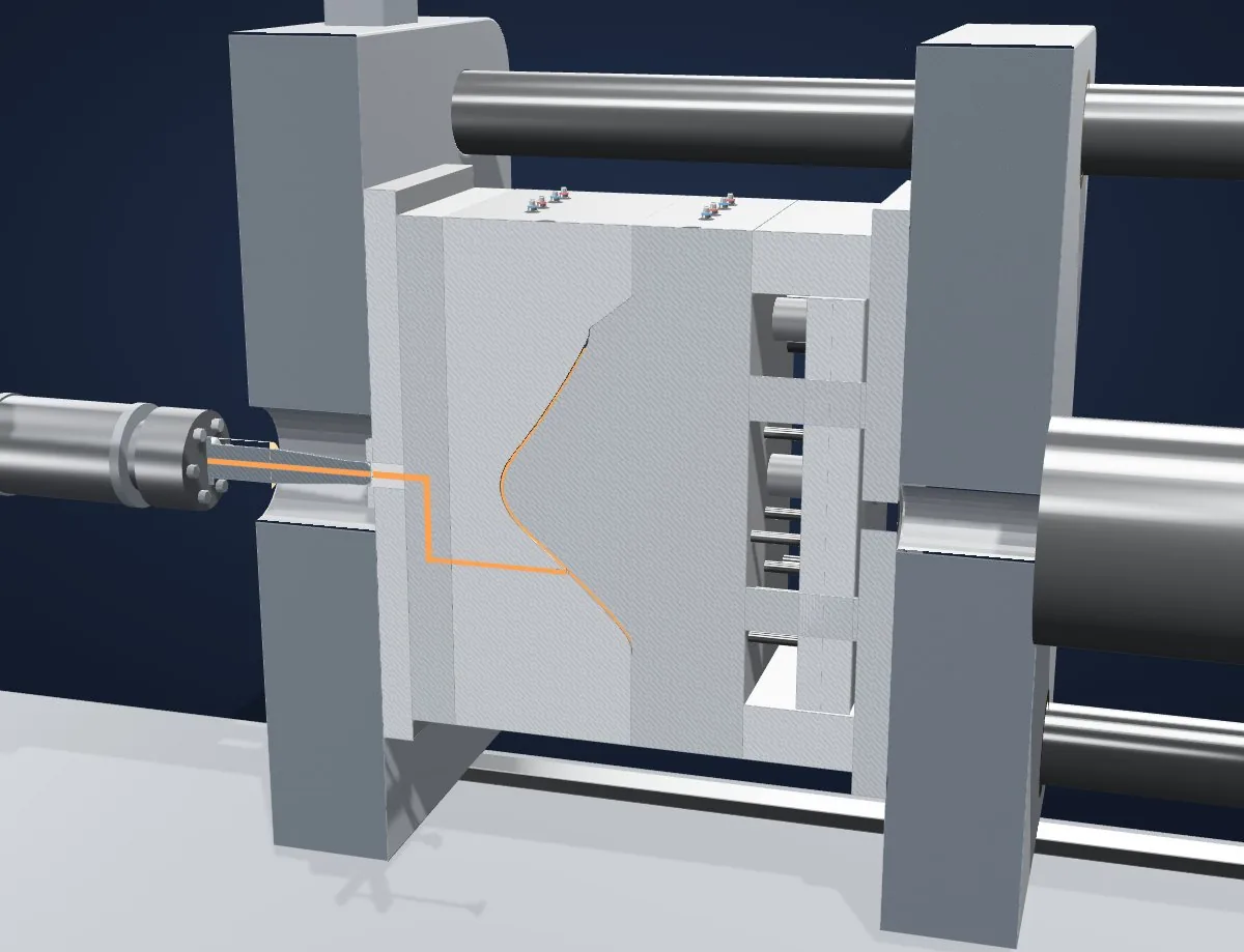 사출기 안 금형에 녹은 수지가 채워지는 모습(단면) / Melt filling the mold inside the machine (cutaway)