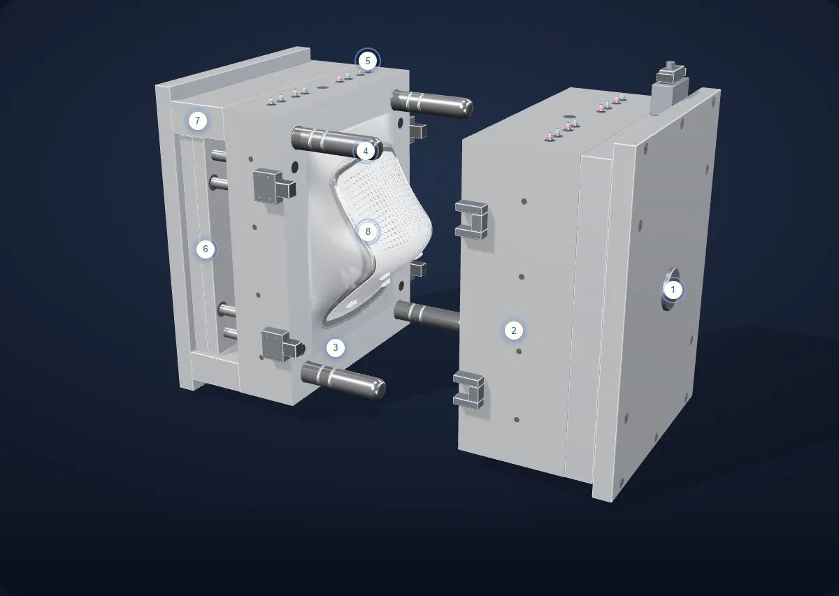 사출 금형 3D 모델, 금형이 열린 모습 / 3D injection mold, opened